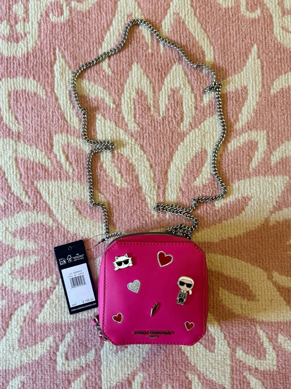 Karl Lagerfeld Pink Mini Crossbody Bag with Chain and Charm Embelishments NWT